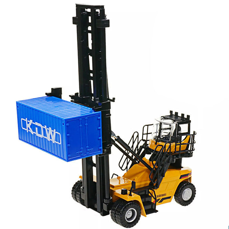 RC forklift engineering vehicle toy side view showing yellow colour