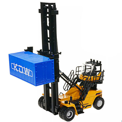RC forklift engineering vehicle toy side view showing yellow colour