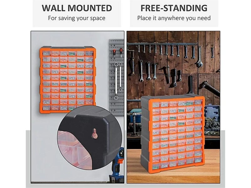Side angle of tool storage bin rack mounted on workshop wall