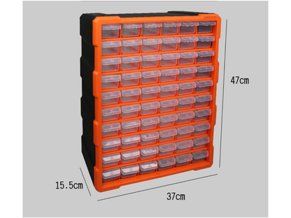 Finger-grip drawer front detail on 60 drawer tool storage bin