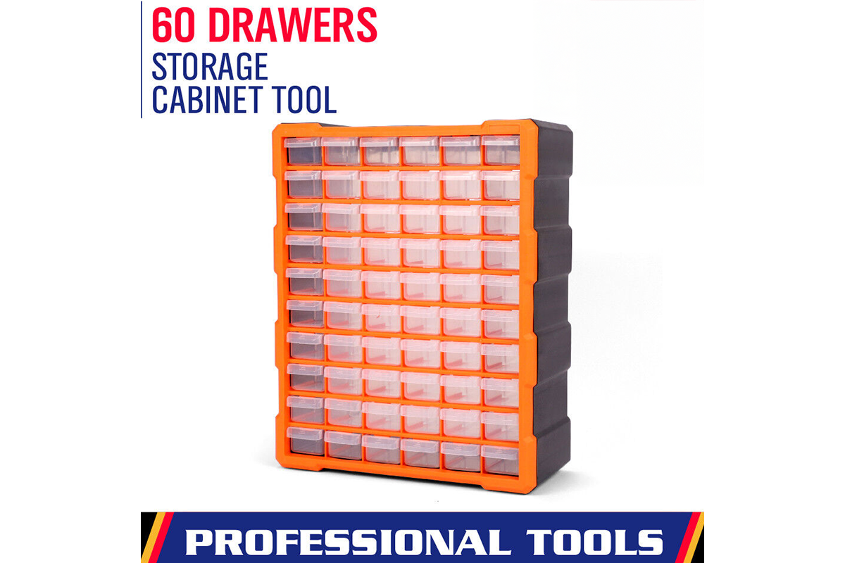 Close up of clear drawers on tool storage bin showing contents