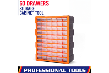 Close up of clear drawers on tool storage bin showing contents