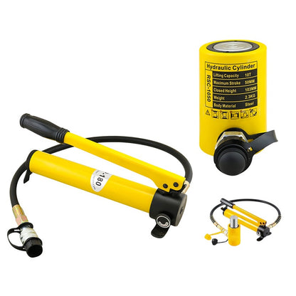 Hydraulic ram jack side view showing yellow and black steel body