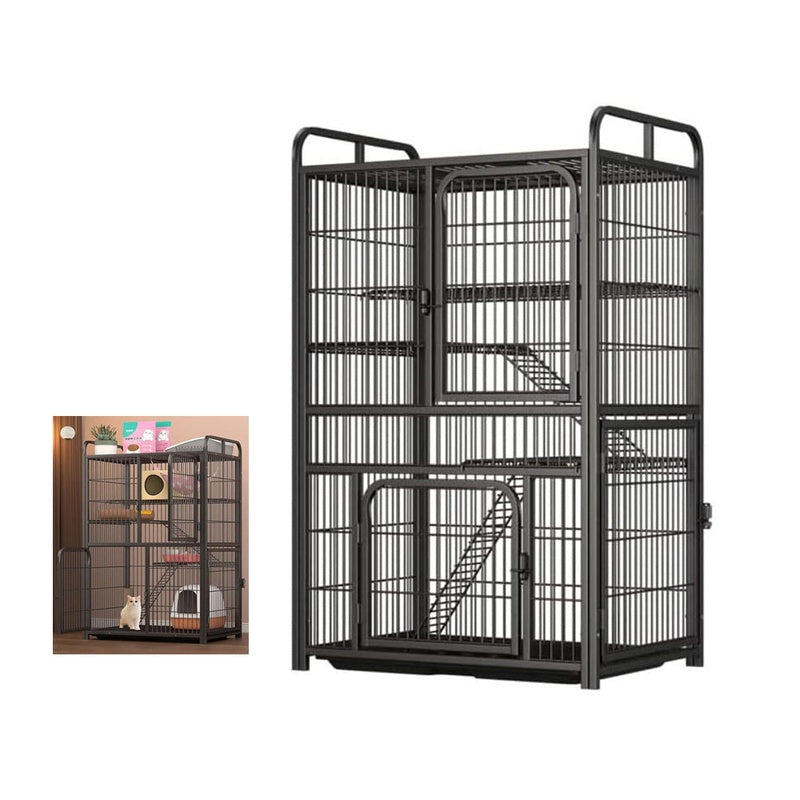 Cat enclosure cage front view showing black alloy steel frame