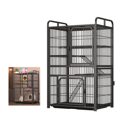 Cat enclosure cage front view showing black alloy steel frame