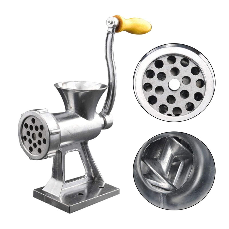 Manual meat mincer grinder showing stainless steel body