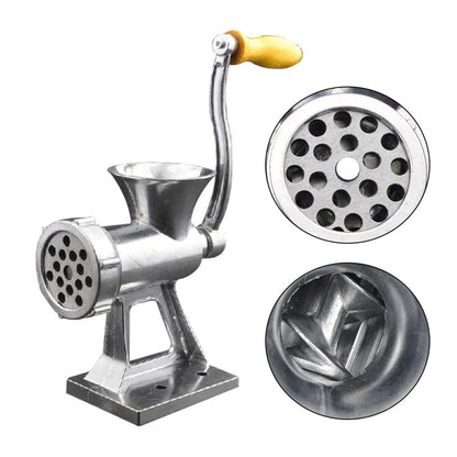 Manual meat mincer grinder showing stainless steel body