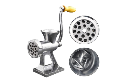 Side view of manual meat mincer grinder with hand crank