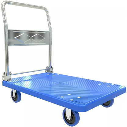Platform hand trolley cart side view showing blue steel frame