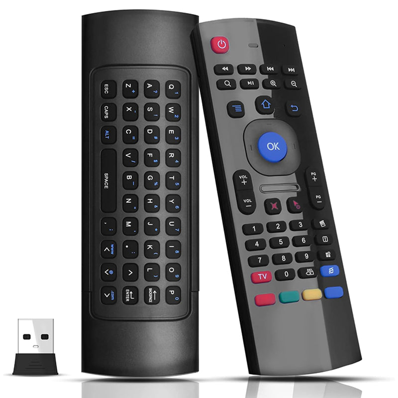 Wireless air mouse remote showing front view with keyboard