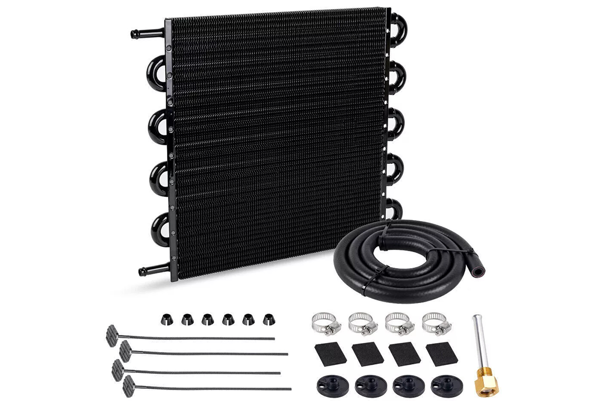 Close up of oil cooler radiator 8 rows aluminium tubes