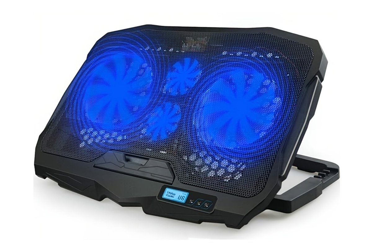 Side angle of laptop cooler with adjustable height stand