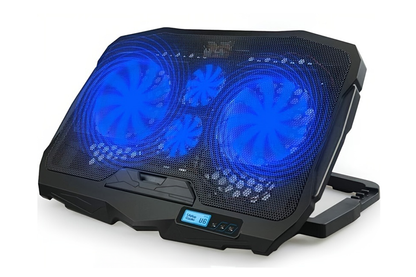 Side angle of laptop cooler with adjustable height stand
