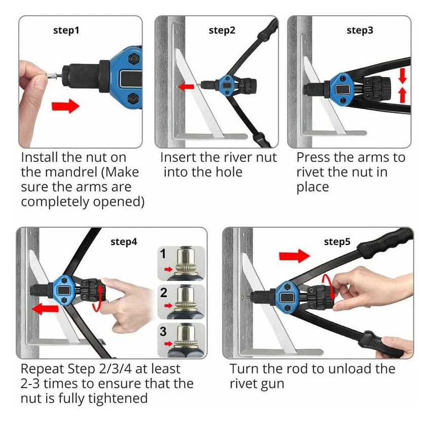 Rivet nut tool kit showing quick-change head for easy mandrel swap