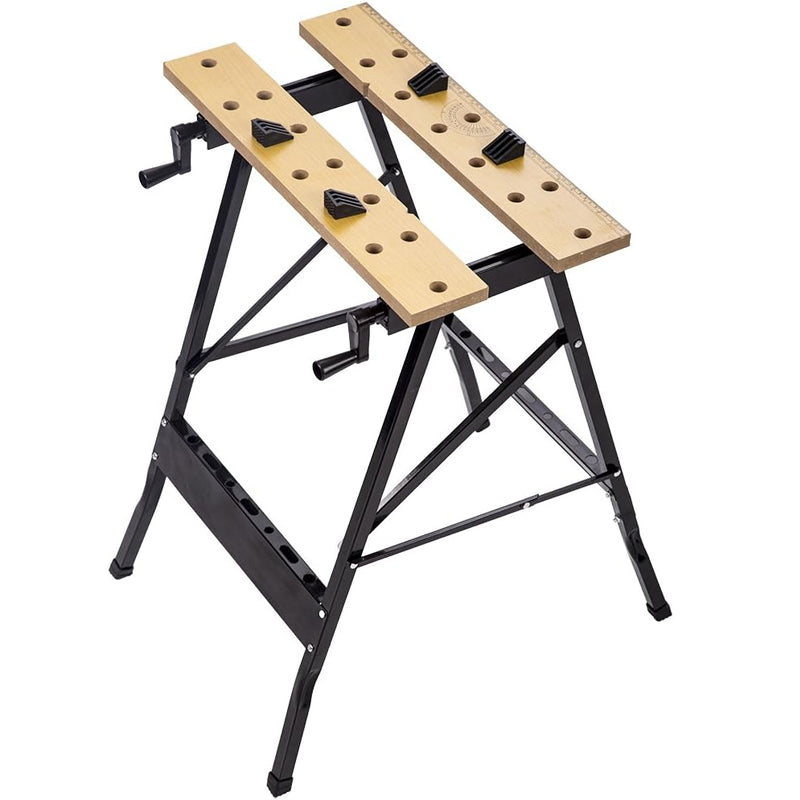 Adjustable work bench showing steel frame and black colour