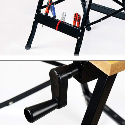 Folded compact adjustable work bench ready for storage