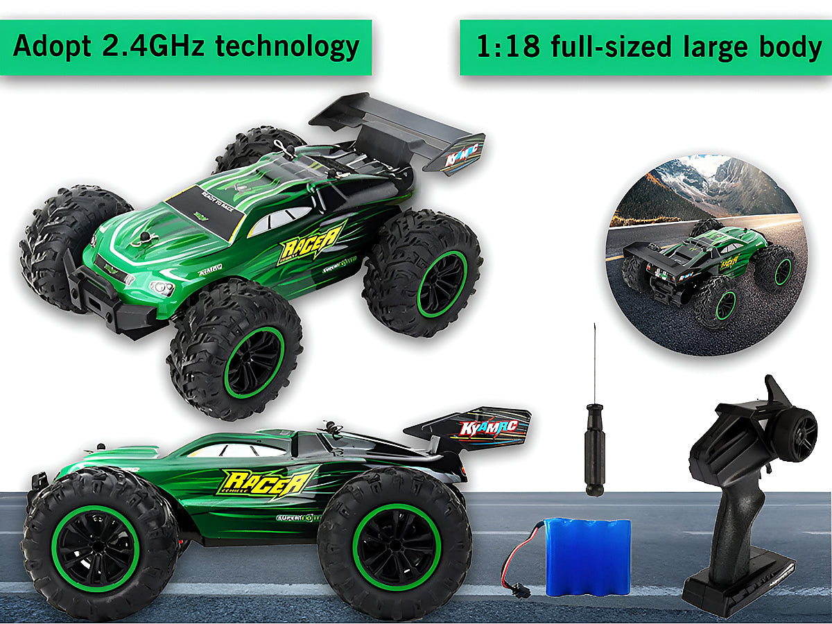 Remote control RC car in motion on grass NZ outdoor setting