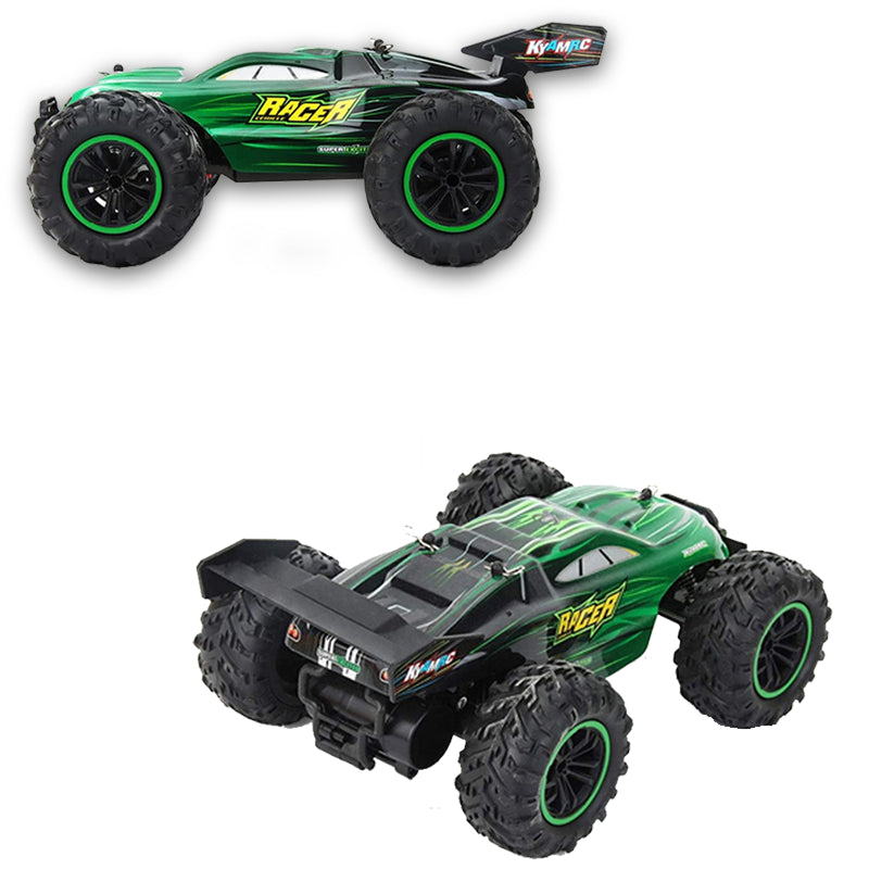 Remote control RC car side view showing green PVC body