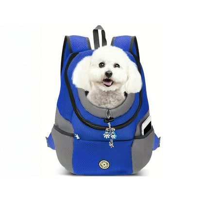 Pet cat carrier backpack bag side view showing blue colour