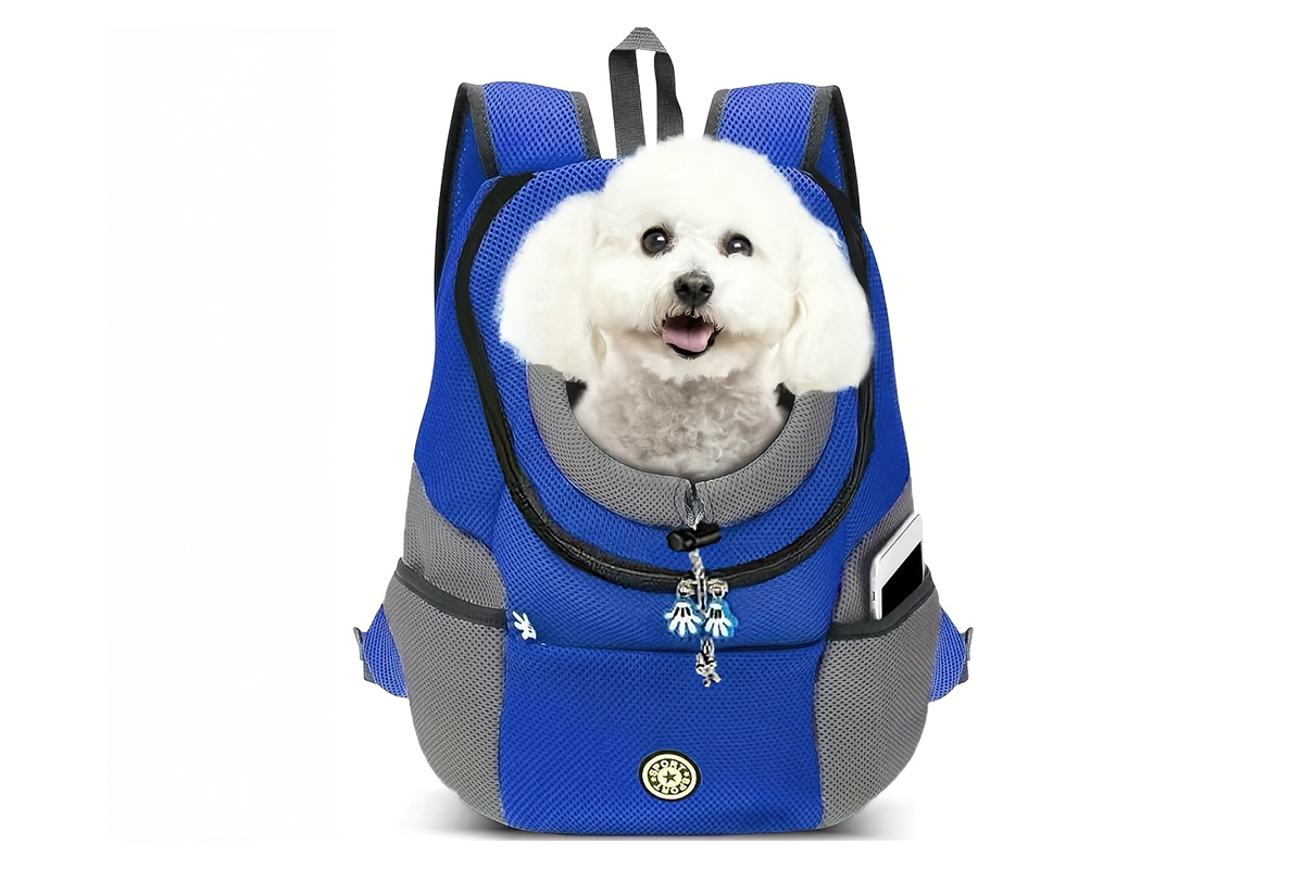 Front view of pet cat carrier backpack bag with mesh ventilation