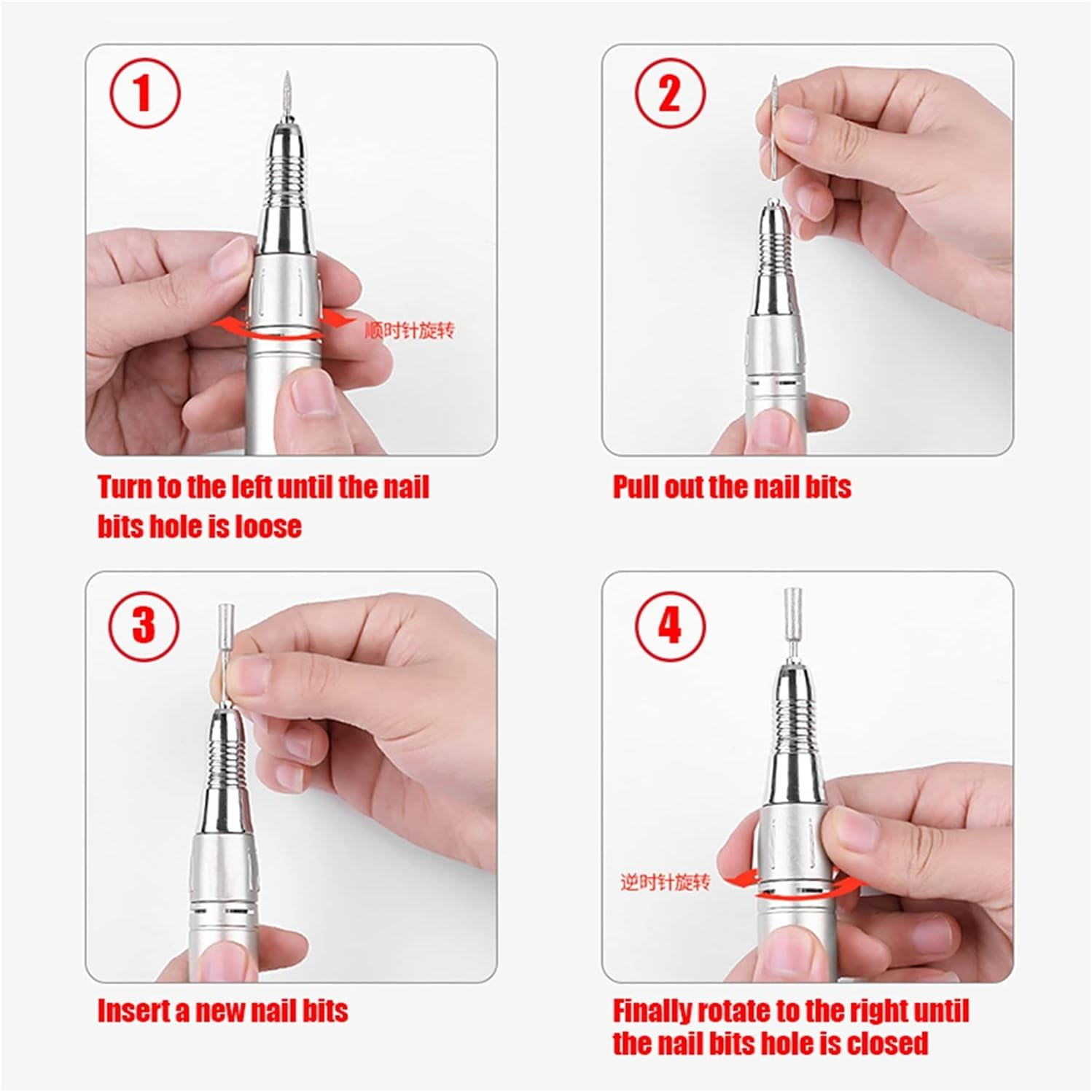 Nail drill set showing six steel bits and sanding bands
