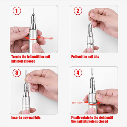 Nail drill set showing six steel bits and sanding bands