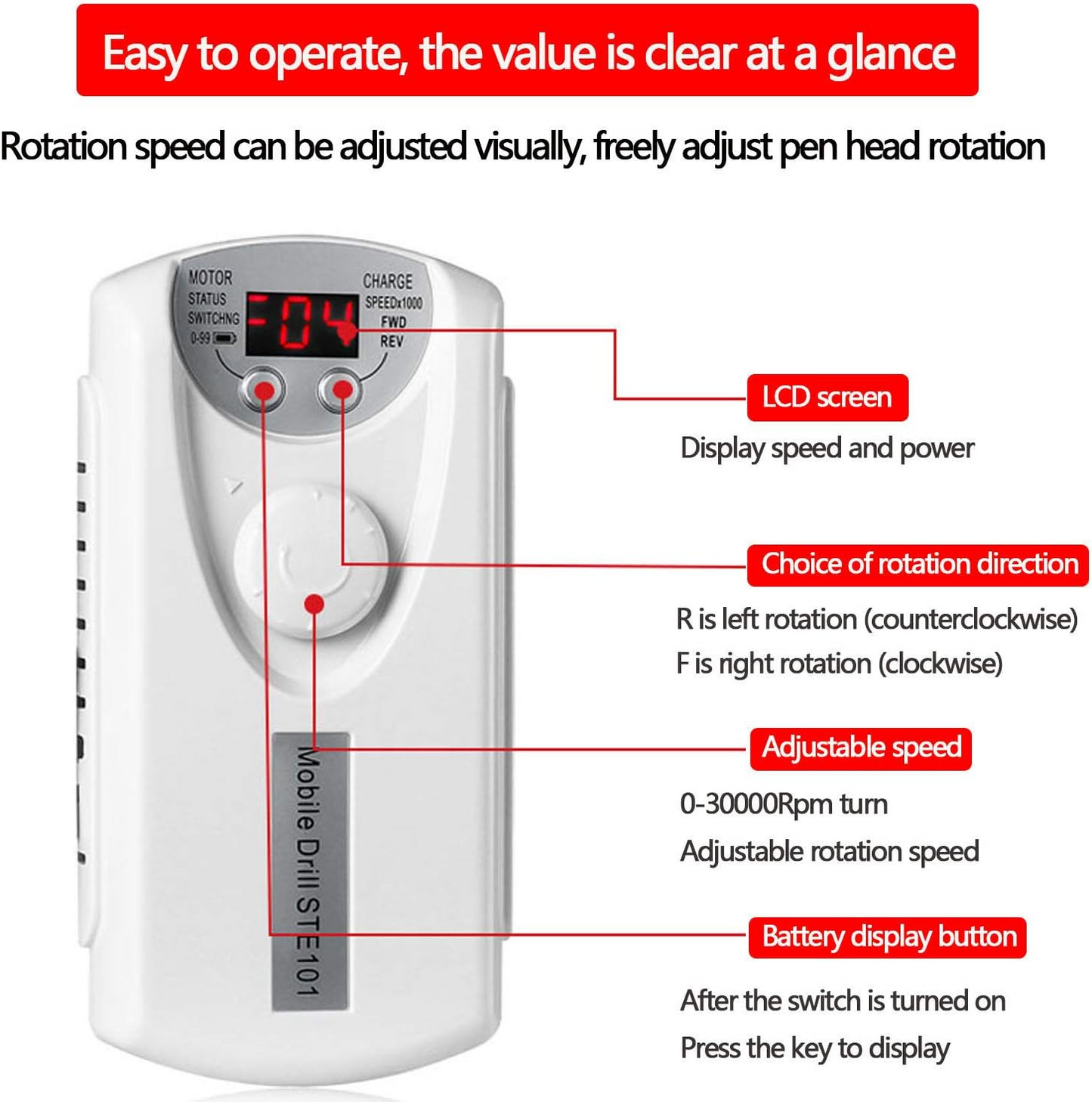 Side view of rechargeable nail drill with belt clip attached