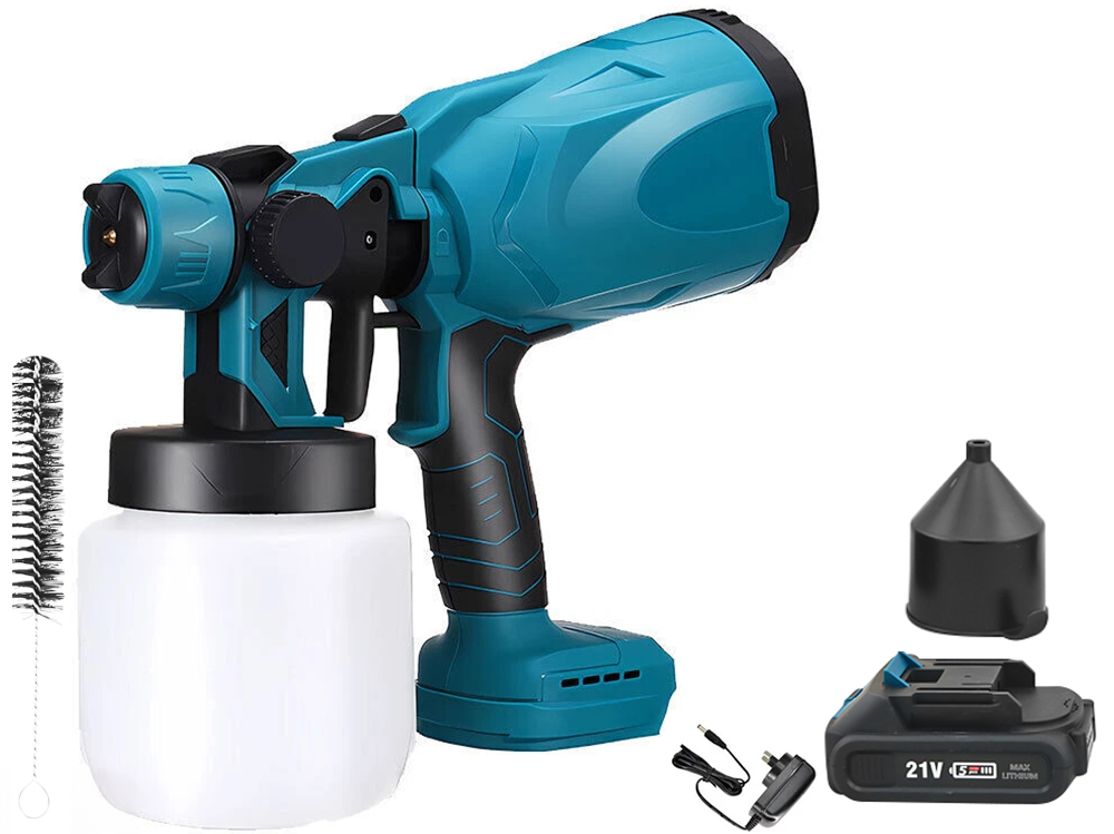 Blue and black cordless paint sprayer with 800ml container