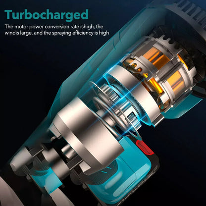 Top view of cordless paint sprayer with adjustable flow knob