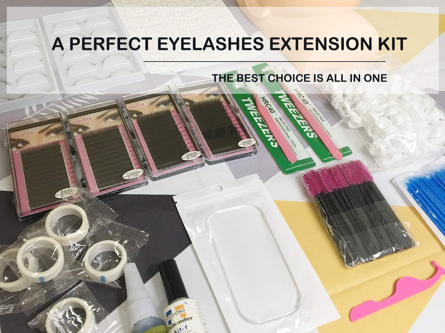 Lash extensions kit tape roll and tweezers in use setup