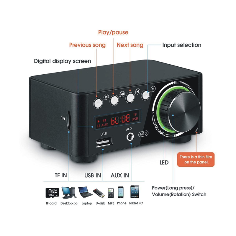 Stereo hi-fi amplifier highlighting speaker protection circuitry