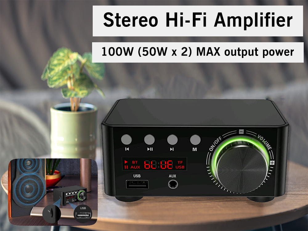 Stereo hi-fi amplifier highlighting speaker protection circuitry