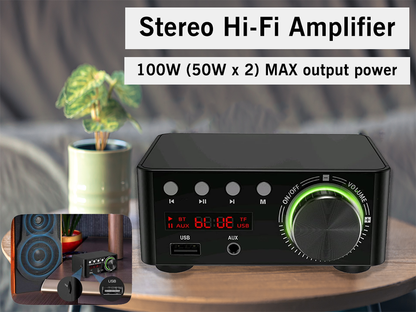 Stereo hi-fi amplifier highlighting speaker protection circuitry