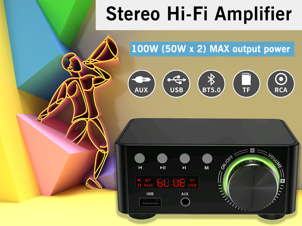 Stereo hi-fi amplifier highlighting speaker protection circuitry