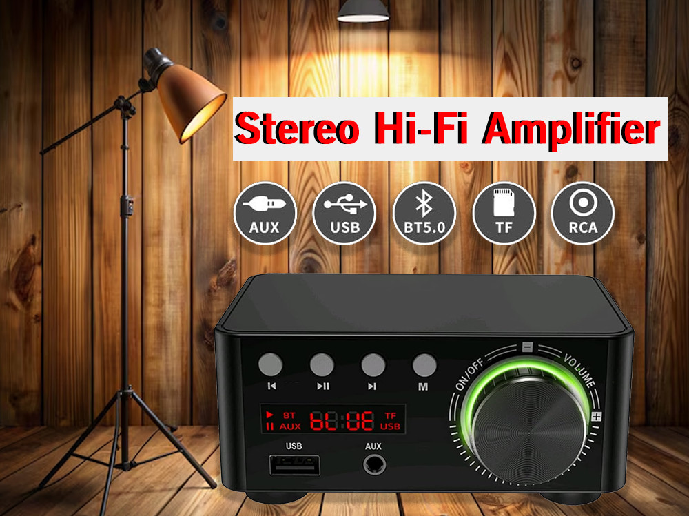 Stereo hi-fi amplifier highlighting speaker protection circuitry