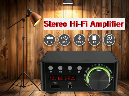 Stereo hi-fi amplifier highlighting speaker protection circuitry