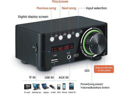 Stereo hi-fi amplifier connected to speakers in a home setup