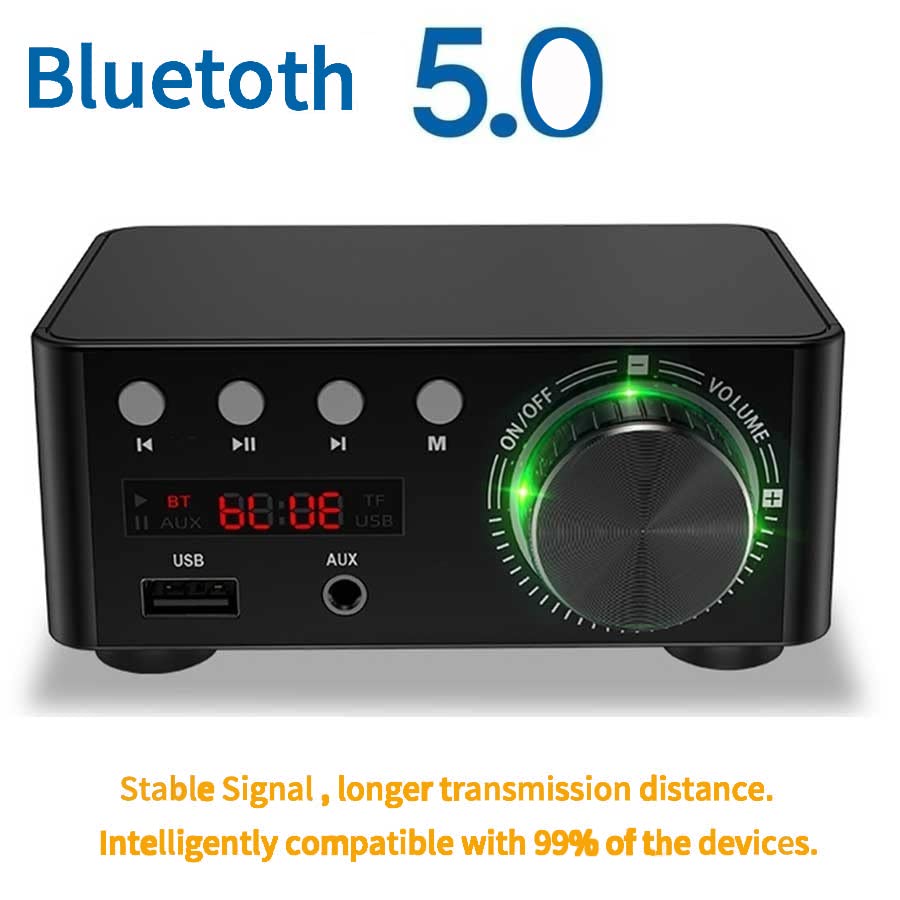 Stereo hi-fi amplifier placed on desktop with smartphone pairing
