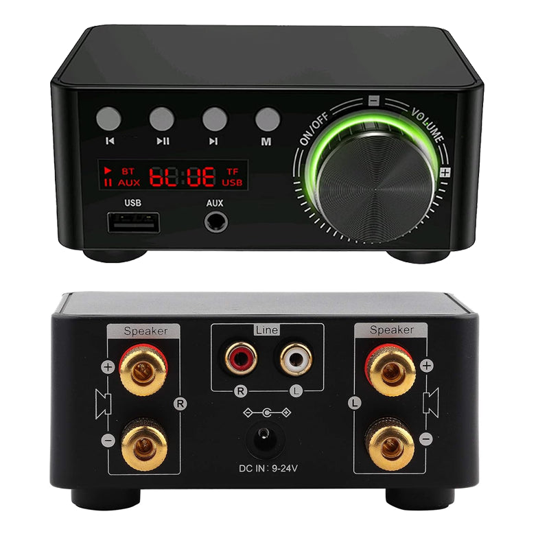 Stereo hi-fi amplifier front view showing digital LED display