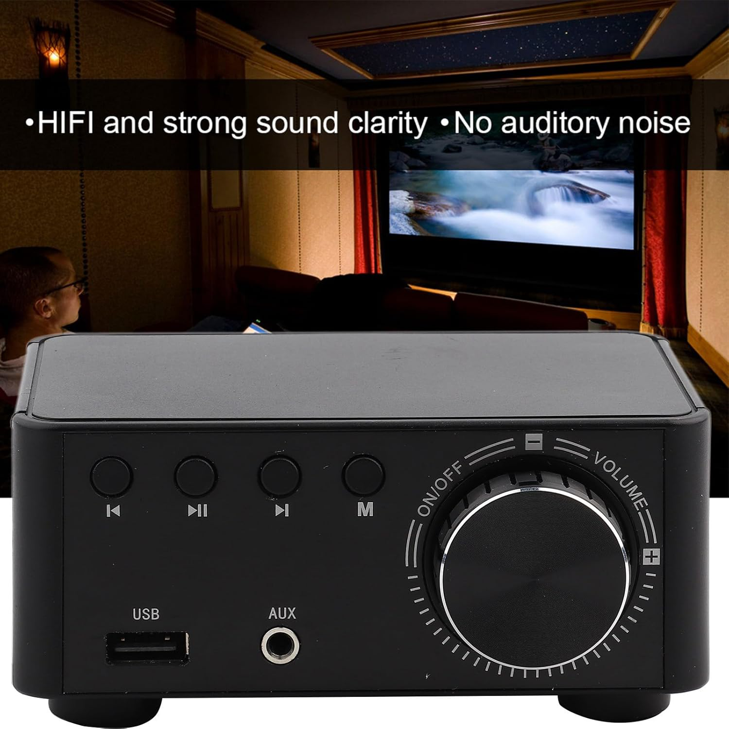 Stereo hi-fi amplifier rear panel with AUX and RCA inputs