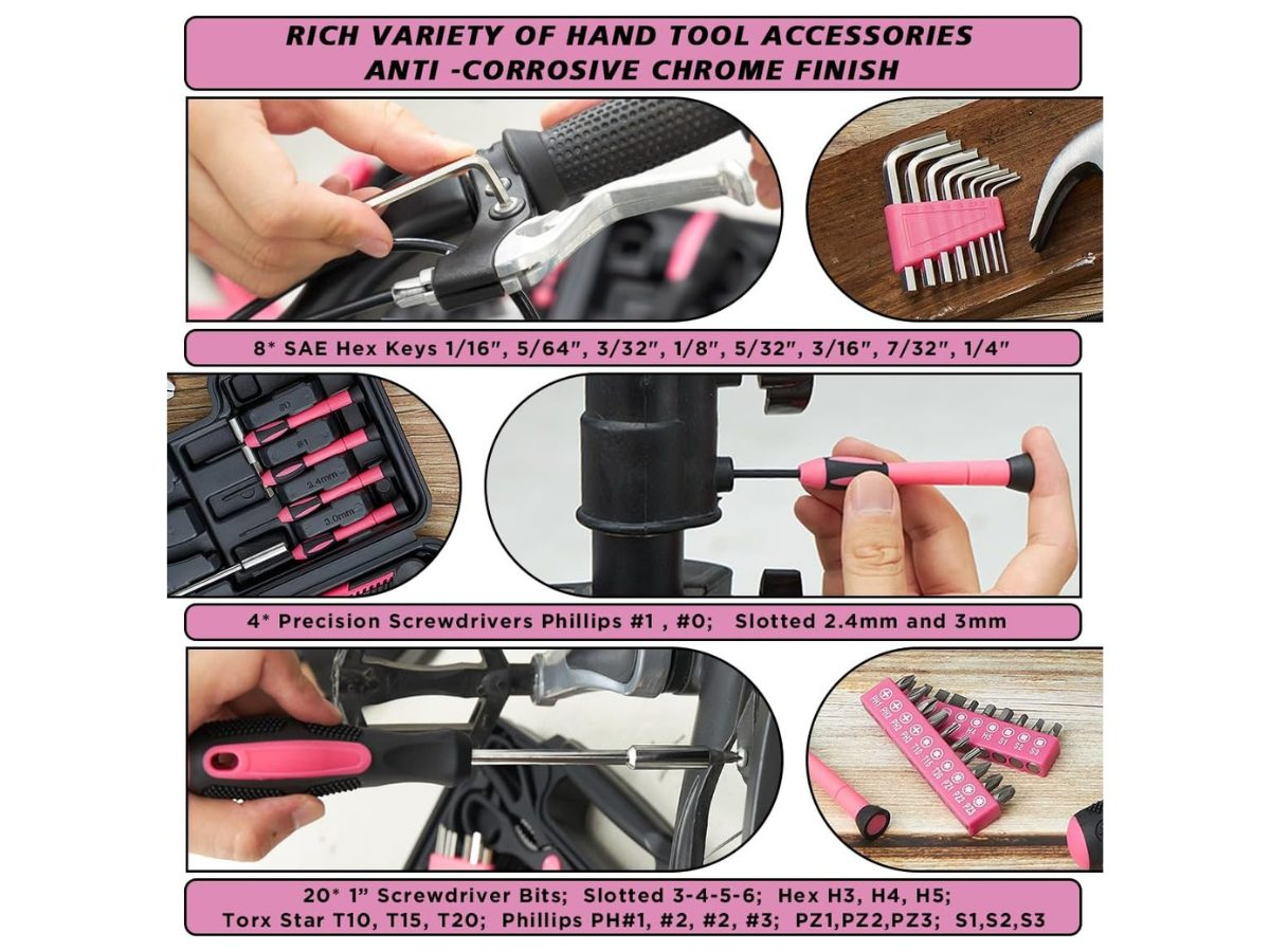Hand tools set tools arranged inside pink carry case