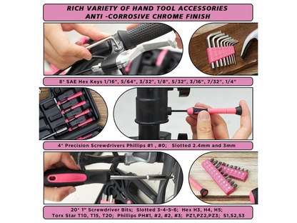 Hand tools set tools arranged inside pink carry case