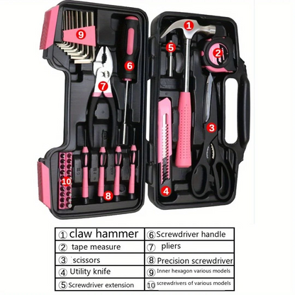 Hand tools set with precision screwdrivers in pink case