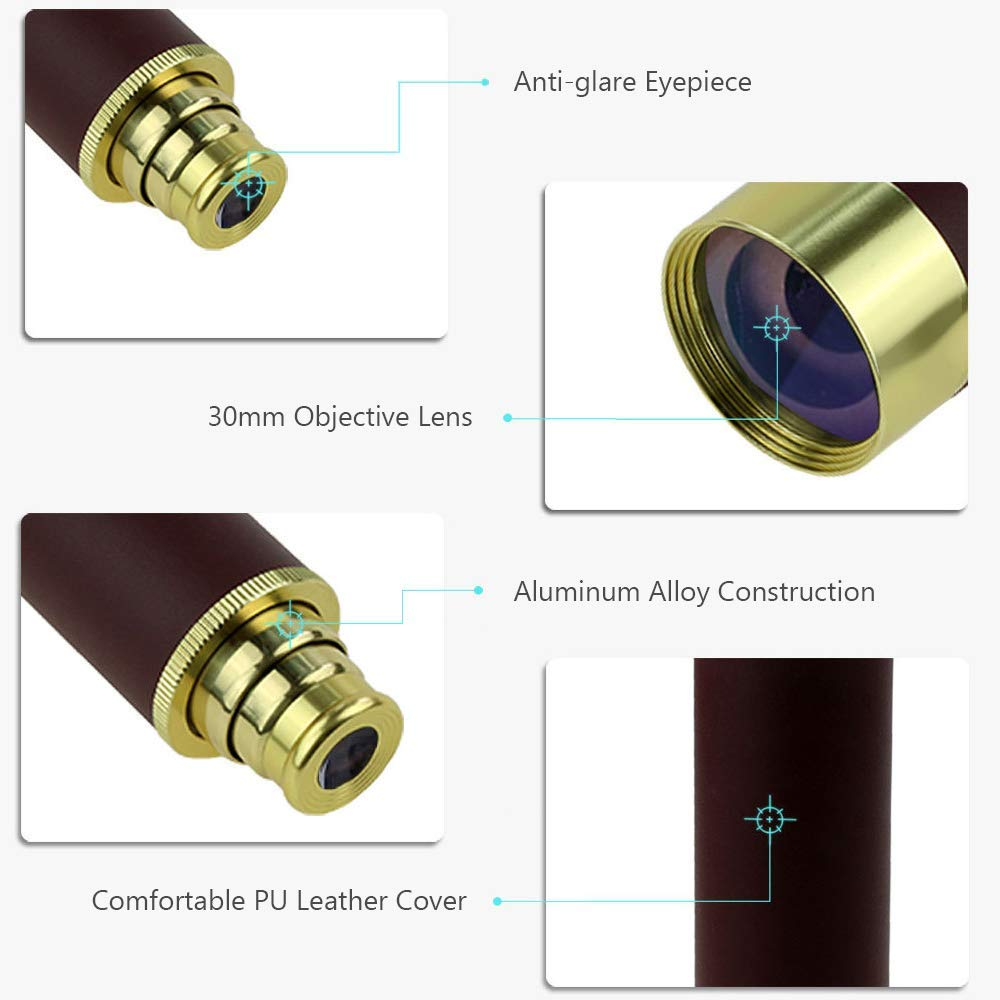 Top view of golden monocular telescope showing eyepiece