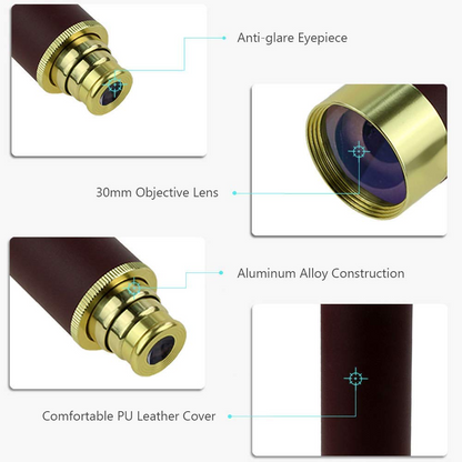 Top view of golden monocular telescope showing eyepiece