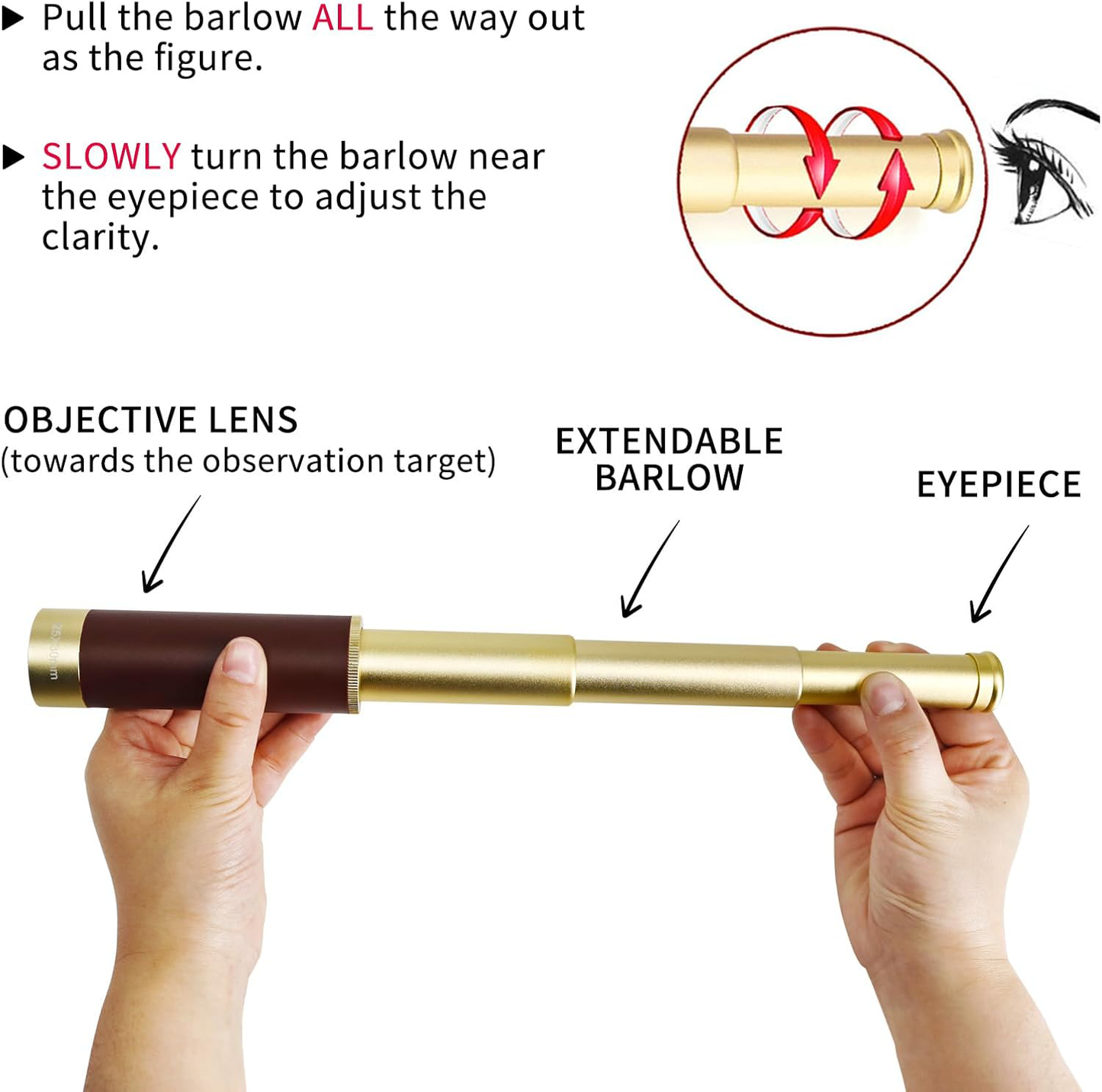 Monocular telescope held in hand showing compact size