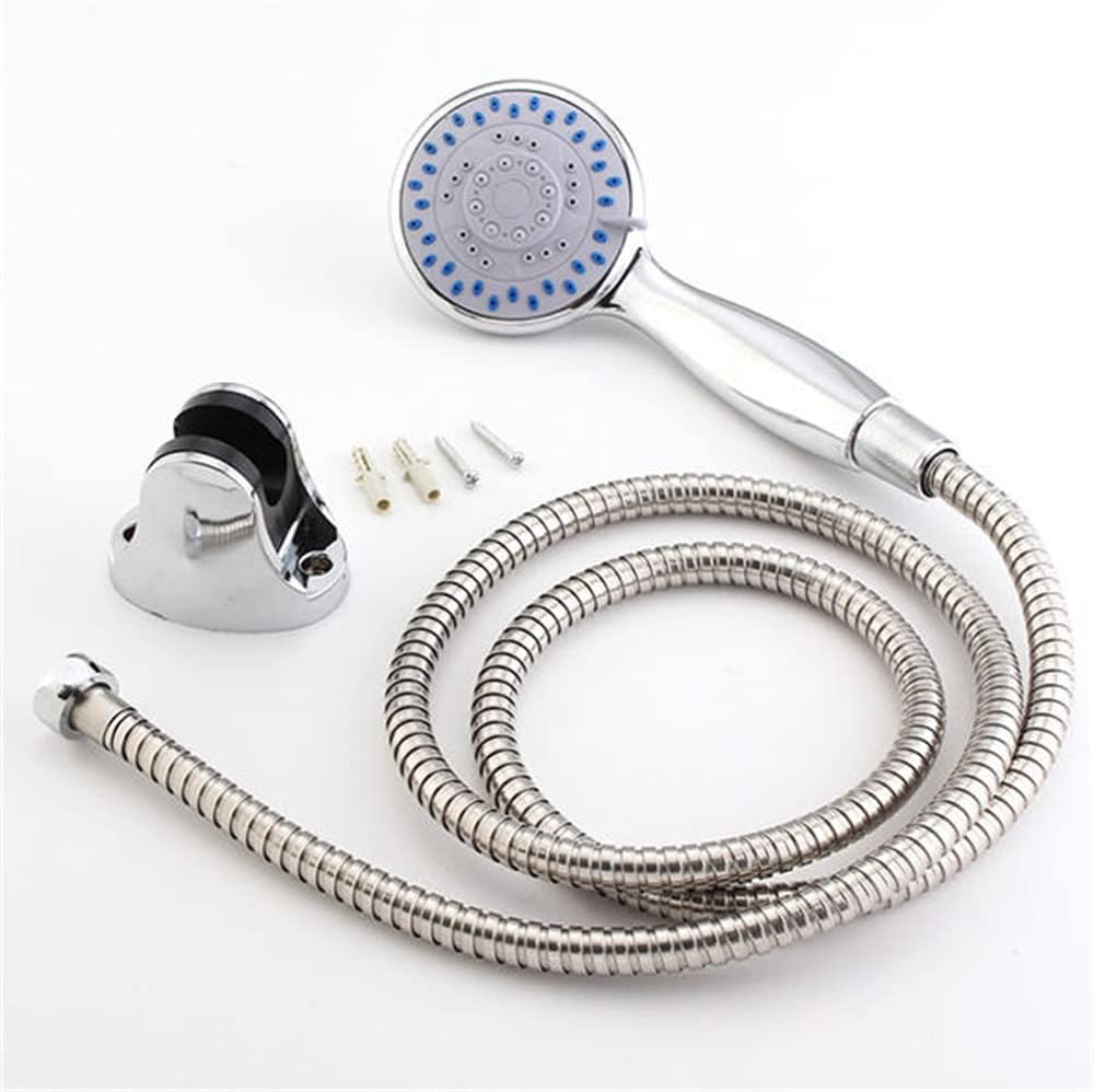 Silver chrome hand shower set mounted on bathroom wall