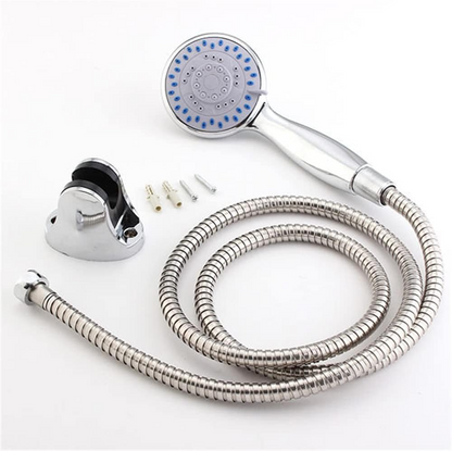 Silver chrome hand shower set mounted on bathroom wall