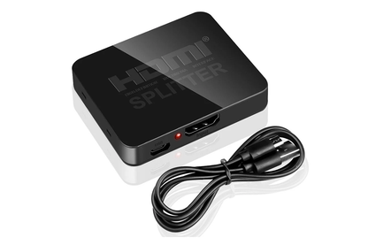 Side angle of HDMI splitter 1 in 2 out with USB power cable attached