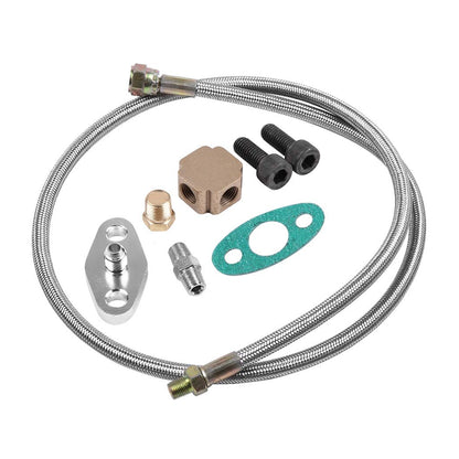 Turbo oil feed line adapter kit showing anodised aluminium finish